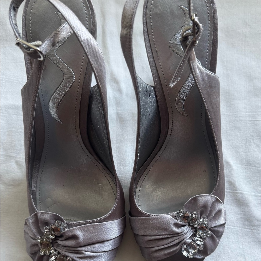 Nina Silver Satin Heels with Rhinestone Detail